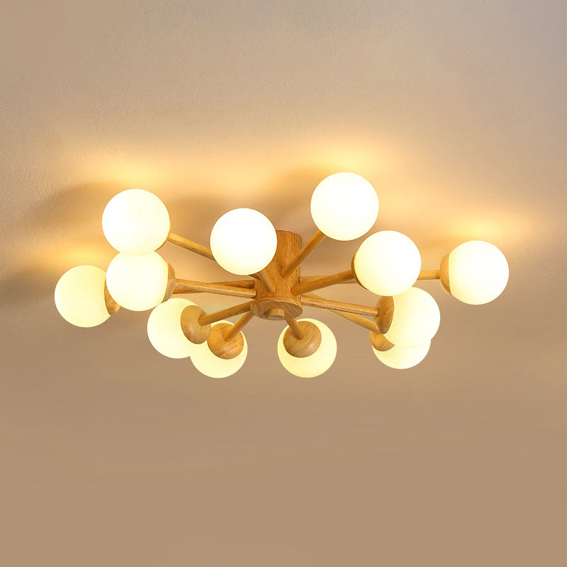 Sputnik Flush Mount Ceiling Fixture Modern Cream Glass Wood Semi Flush Light for Living Room Clearhalo 'Ceiling Lights' 'Close To Ceiling Lights' 'Close to ceiling' 'Semi-flushmount' Lighting' 2390383