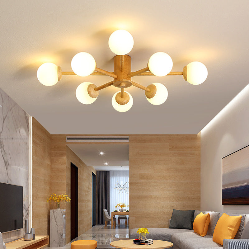 Sputnik Flush Mount Ceiling Fixture Modern Cream Glass Wood Semi Flush Light for Living Room 8 Wood Clearhalo 'Ceiling Lights' 'Close To Ceiling Lights' 'Close to ceiling' 'Semi-flushmount' Lighting' 2390384