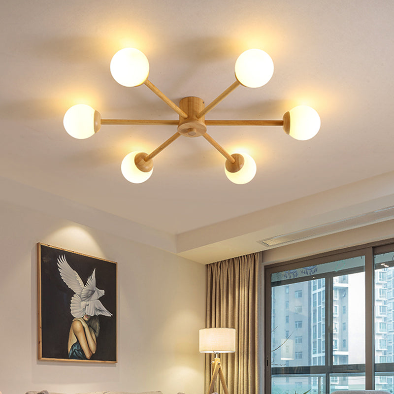 Sputnik Flush Mount Ceiling Fixture Modern Cream Glass Wood Semi Flush Light for Living Room 6 Wood Clearhalo 'Ceiling Lights' 'Close To Ceiling Lights' 'Close to ceiling' 'Semi-flushmount' Lighting' 2390386