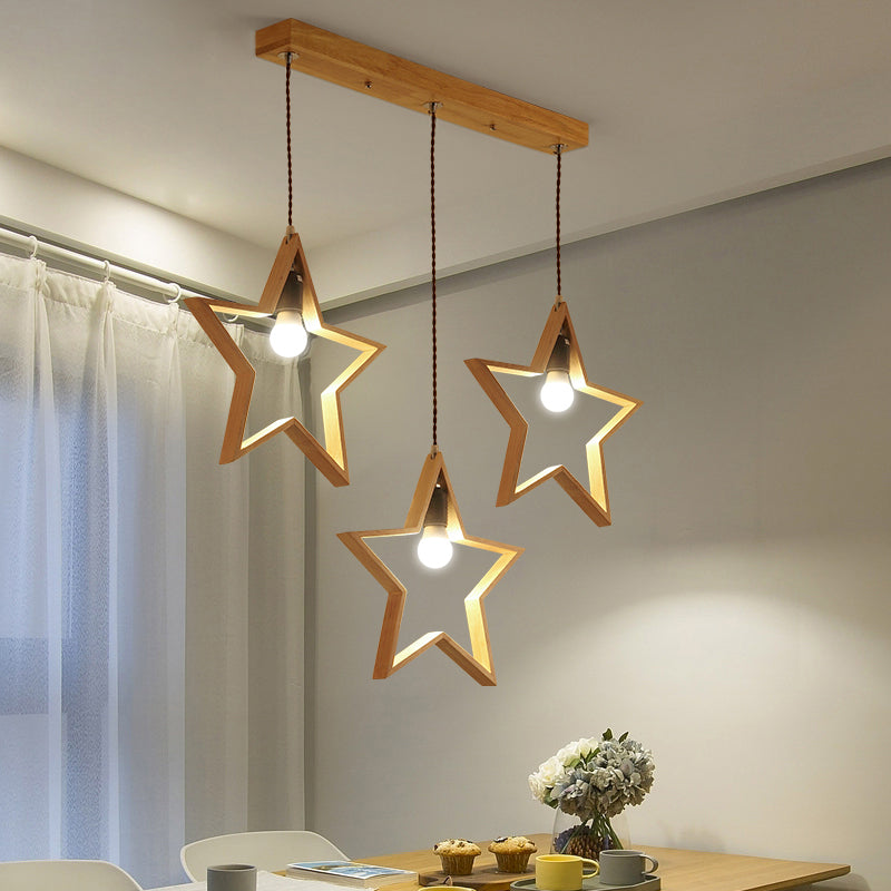 Nordic Style Star Pendant Lighting Wooden 3-Light Restaurant Multi Hanging Light Fixture Wood Clearhalo 'Ceiling Lights' 'Modern Pendants' 'Modern' 'Pendant Lights' 'Pendants' Lighting' 2390412