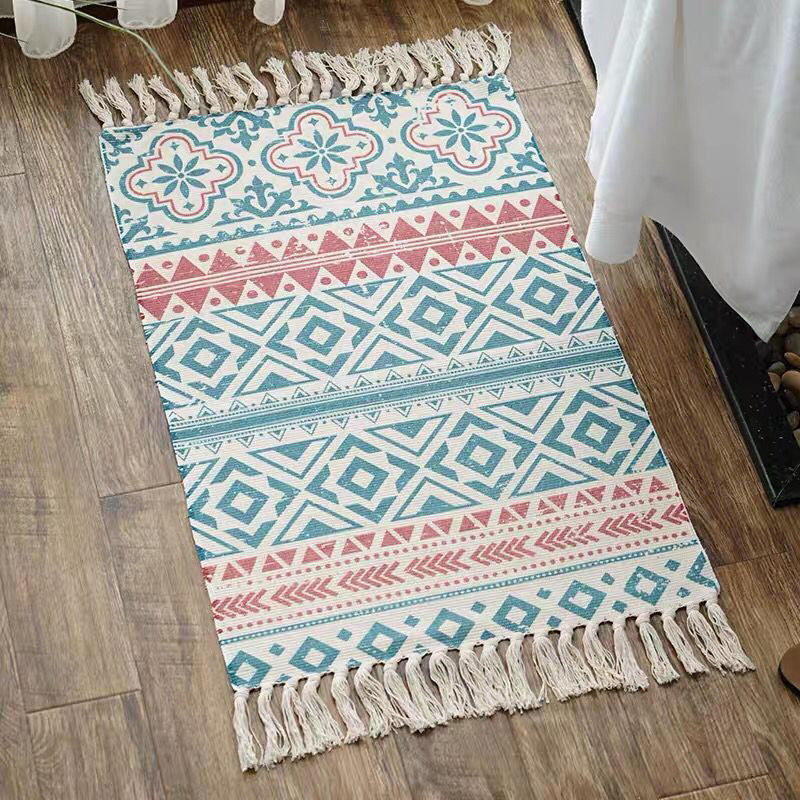 Southwestern Geo Print Rug Multicolored Jute Area Carpet Handmade Machine Washable Indoor Rug with Fringe for Decor Blue-Red 2' x 2'11