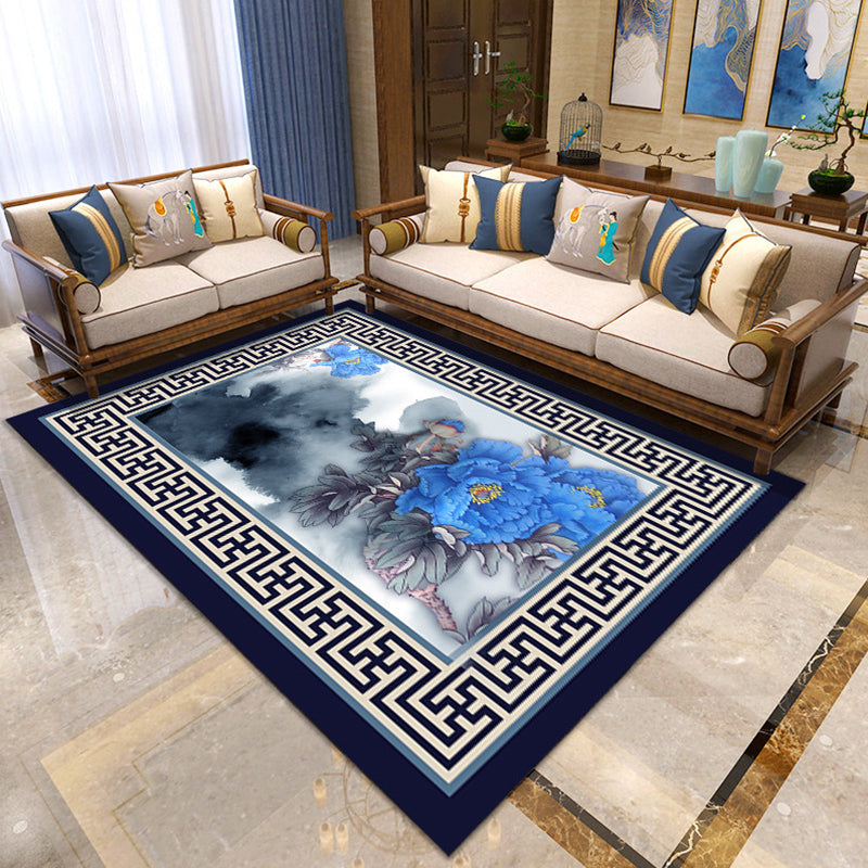 Asian Living Room Rug Multi Color Floral Printed Indoor Rug Polypropylene Pet Friendly Easy Care Area Carpet Blue Clearhalo 'Area Rug' 'Rug' 2393054