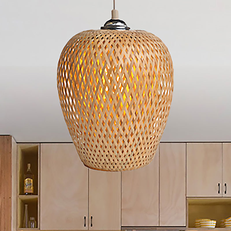 Lodge Style Woven Shade Pendant Lamp Bamboo 1-Light Kitchen Suspension Lighting in Yellow, 9