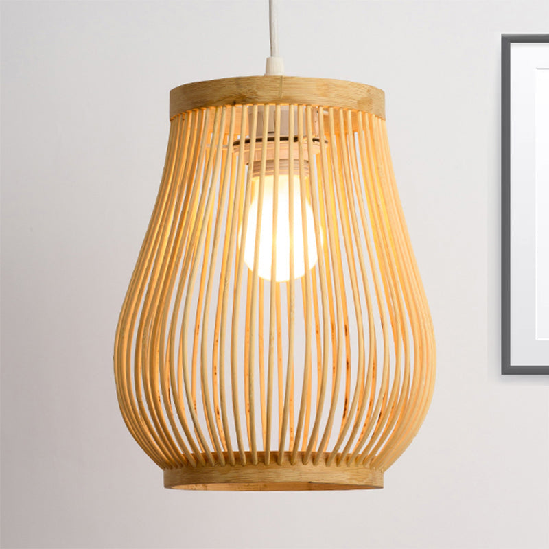 Bamboo Woven Shade Pendant Ceiling Light Asian Style 1 Bulb Beige Hanging Lamp, 7