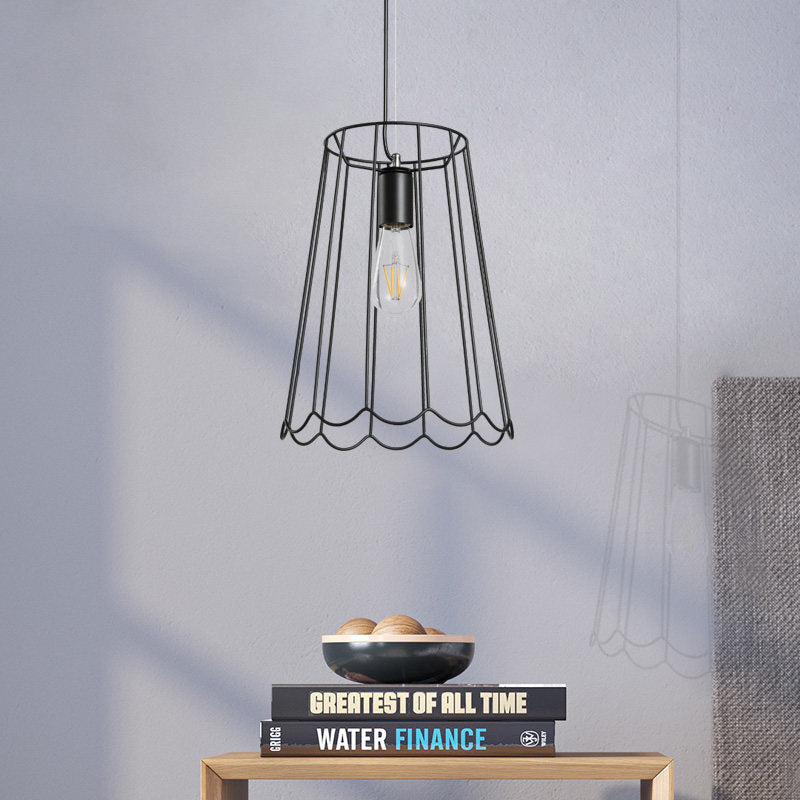 1 Light Conical Cage Suspension Light with Ruffled Edge Industrial Black Metallic Pendant Lighting, 10.5