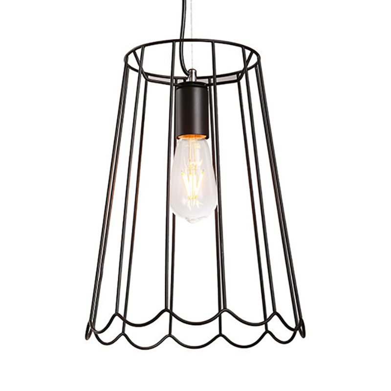 1 Light Conical Cage Suspension Light with Ruffled Edge Industrial Black Metallic Pendant Lighting, 10.5