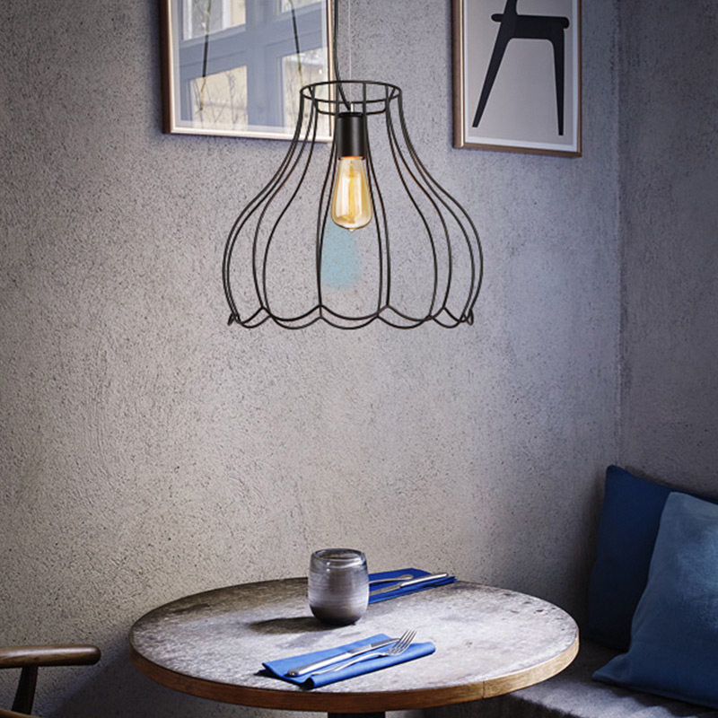 1 Light Conical Cage Suspension Light with Ruffled Edge Industrial Black Metallic Pendant Lighting, 10.5