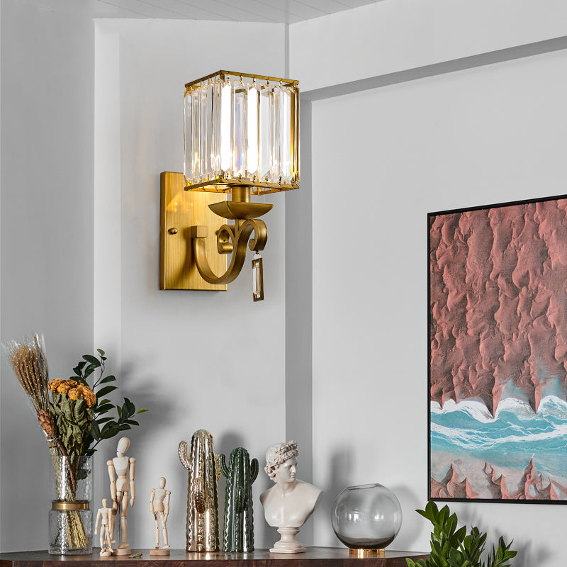 Traditional Armed Sconce Metal 1 Bulb Wall Mounted Light Fixture in Gold with Square Ribbed Glass Shade Gold Clearhalo 'Wall Lamps & Sconces' 'Wall Lights' Lighting' 240006