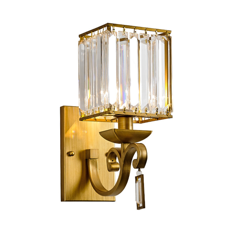 Traditional Armed Sconce Metal 1 Bulb Wall Mounted Light Fixture in Gold with Square Ribbed Glass Shade Clearhalo 'Wall Lamps & Sconces' 'Wall Lights' Lighting' 240008