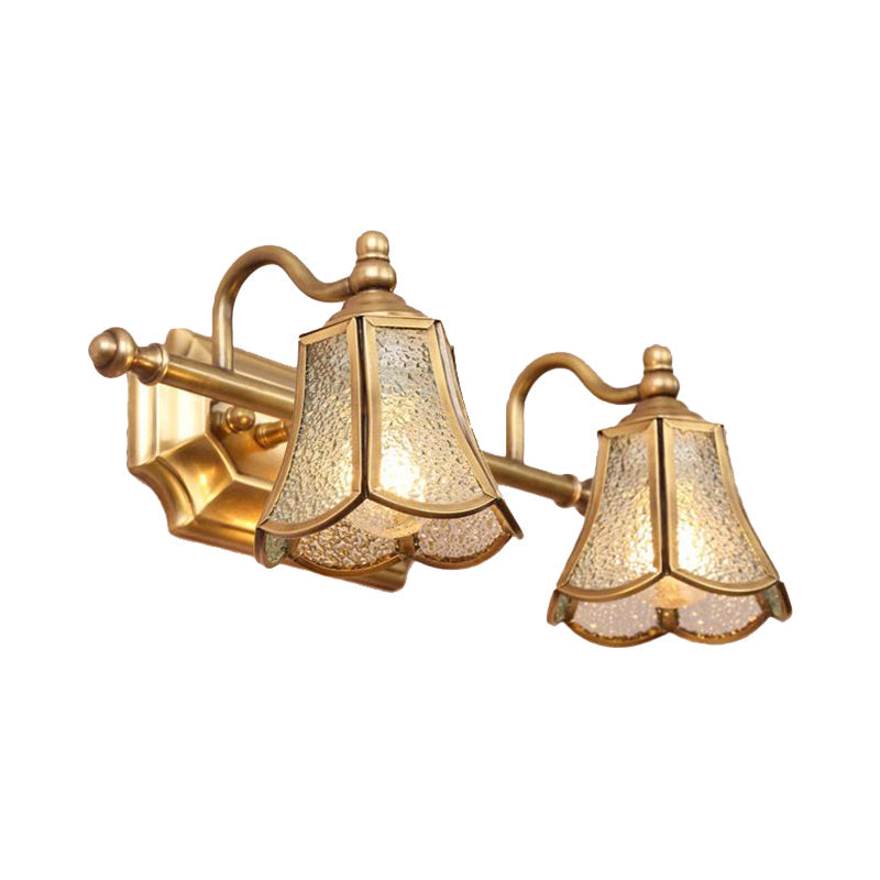 Traditional Trumpet Vanity Sconce Textured Glass 2/3 Bulbs Wall Mounted Light Fixture in Brass Clearhalo 'Vanity Lights' 'Wall Lights' Lighting' 240361