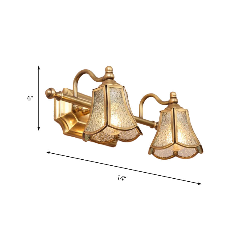 Traditional Trumpet Vanity Sconce Textured Glass 2/3 Bulbs Wall Mounted Light Fixture in Brass Clearhalo 'Vanity Lights' 'Wall Lights' Lighting' 240362