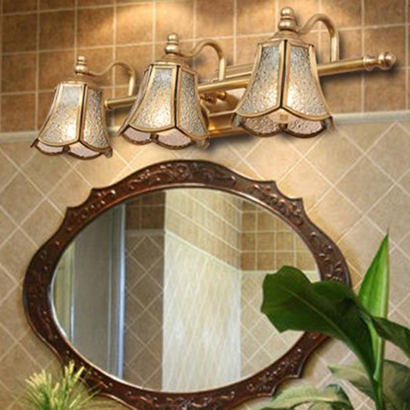 Traditional Trumpet Vanity Sconce Textured Glass 2/3 Bulbs Wall Mounted Light Fixture in Brass Clearhalo 'Vanity Lights' 'Wall Lights' Lighting' 240363