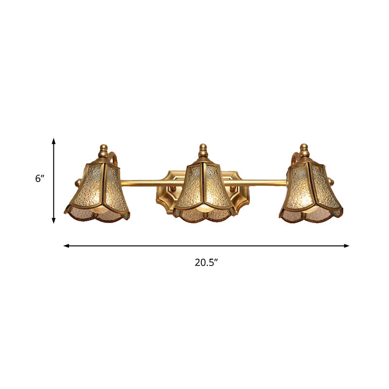 Traditional Trumpet Vanity Sconce Textured Glass 2/3 Bulbs Wall Mounted Light Fixture in Brass Clearhalo 'Vanity Lights' 'Wall Lights' Lighting' 240365