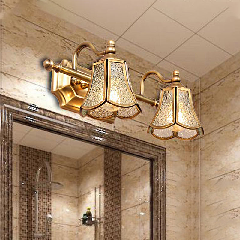 Traditional Trumpet Vanity Sconce Textured Glass 2/3 Bulbs Wall Mounted Light Fixture in Brass Clearhalo 'Vanity Lights' 'Wall Lights' Lighting' 240368