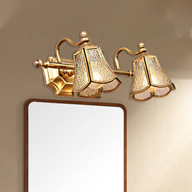 Traditional Trumpet Vanity Sconce Textured Glass 2/3 Bulbs Wall Mounted Light Fixture in Brass Clearhalo 'Vanity Lights' 'Wall Lights' Lighting' 240369