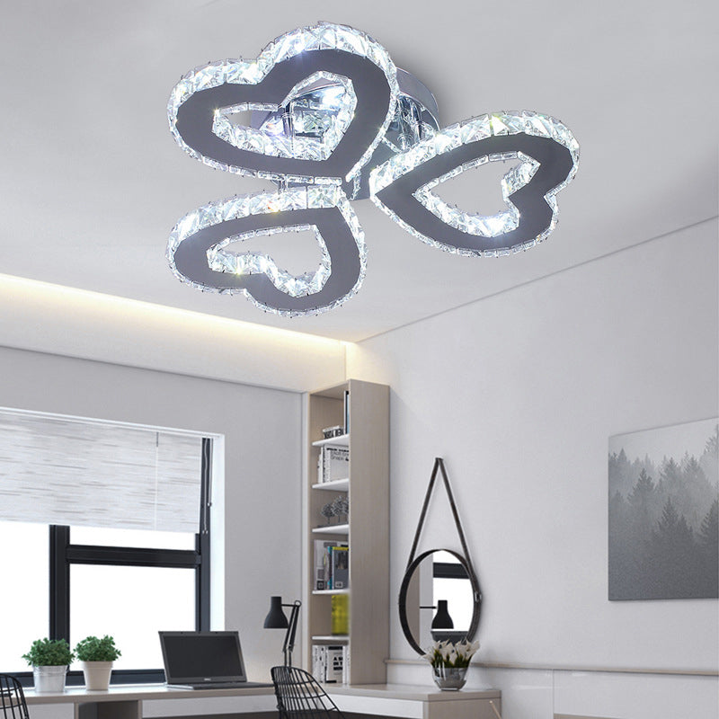 Stainless Steel Heart Shaped Semi Flush Minimalist Crystal LED Ceiling Light for Bedroom Stainless-Steel White Clearhalo 'Ceiling Lights' 'Close To Ceiling Lights' 'Close to ceiling' 'Semi-flushmount' Lighting' 2405000