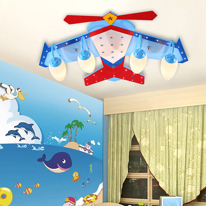 Wooden Plane Flush Ceiling Light Kids Blue Flush Mount Fixture with Oval Cream Glass Shade Clearhalo 'Ceiling Lights' 'Close To Ceiling Lights' 'Close to ceiling' 'Flush mount' Lighting' 2405286