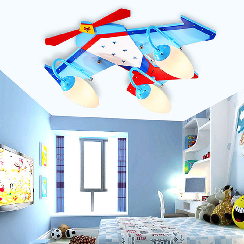 Wooden Plane Flush Ceiling Light Kids Blue Flush Mount Fixture with Oval Cream Glass Shade Blue 23.5