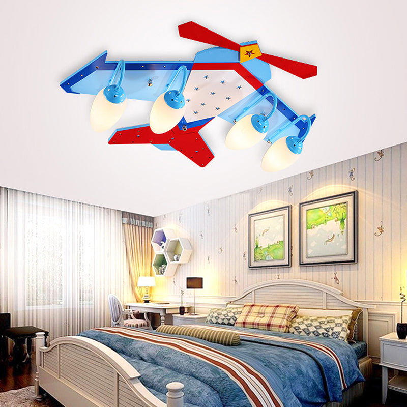 Wooden Plane Flush Ceiling Light Kids Blue Flush Mount Fixture with Oval Cream Glass Shade Clearhalo 'Ceiling Lights' 'Close To Ceiling Lights' 'Close to ceiling' 'Flush mount' Lighting' 2405290