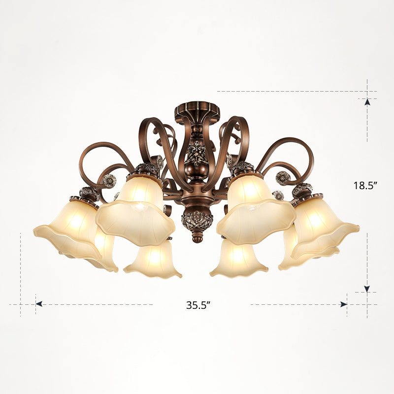 Bronze Finish Flush Chandelier Antique Frosted Glass Flower Semi Flush Ceiling Light for Living Room 8 Bronze Down Clearhalo 'Ceiling Lights' 'Close To Ceiling Lights' 'Close to ceiling' 'Semi-flushmount' Lighting' 2405421