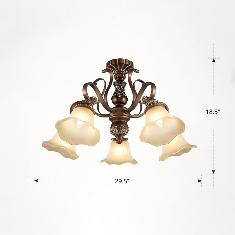 Bronze Finish Flush Chandelier Antique Frosted Glass Flower Semi Flush Ceiling Light for Living Room 5 Bronze Down Clearhalo 'Ceiling Lights' 'Close To Ceiling Lights' 'Close to ceiling' 'Semi-flushmount' Lighting' 2405422