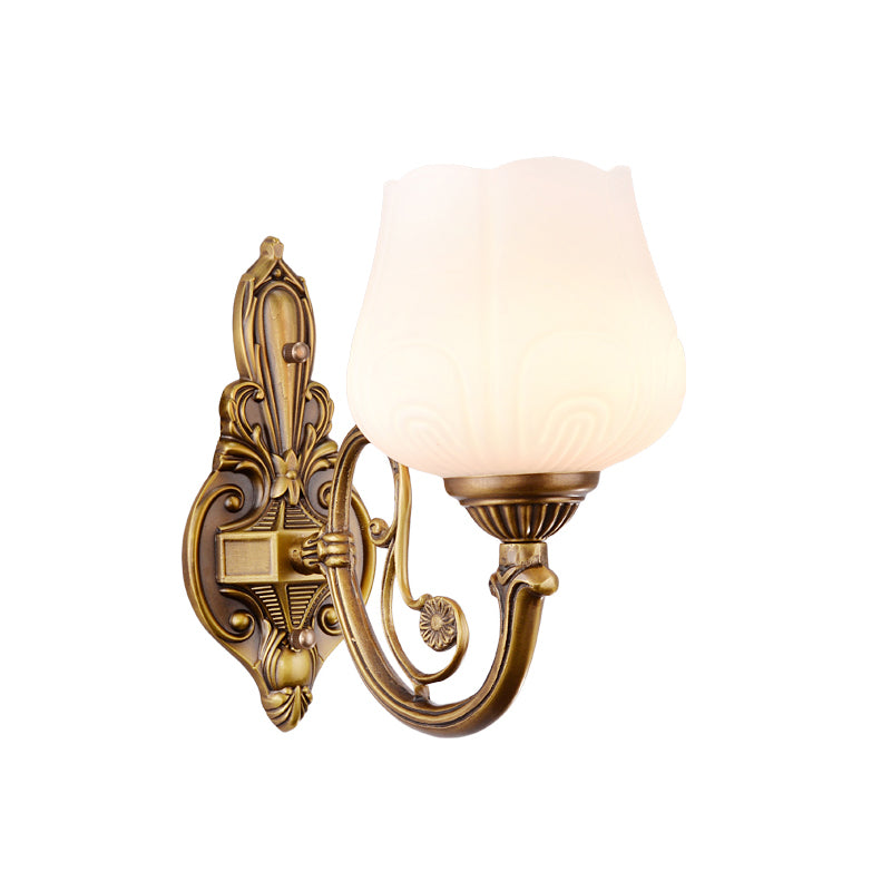 Flower Shaped Foyer Wall Lamp Traditional Opal Glass Bronze Finish Wall Mounted Light 1.0 Bronze Flower Shape Clearhalo 'Wall Lamps & Sconces' 'Wall Lights' Lighting' 2405472