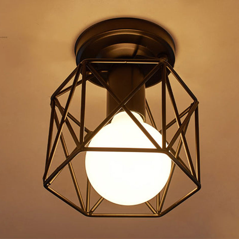 Black Finish Shaded Small Ceiling Lamp Rustic Metal 1 Head Corridor Flush Mount Light Black Geometric Clearhalo 'Ceiling Lights' 'Close To Ceiling Lights' 'Close to ceiling' 'Flush mount' Lighting' 2405550