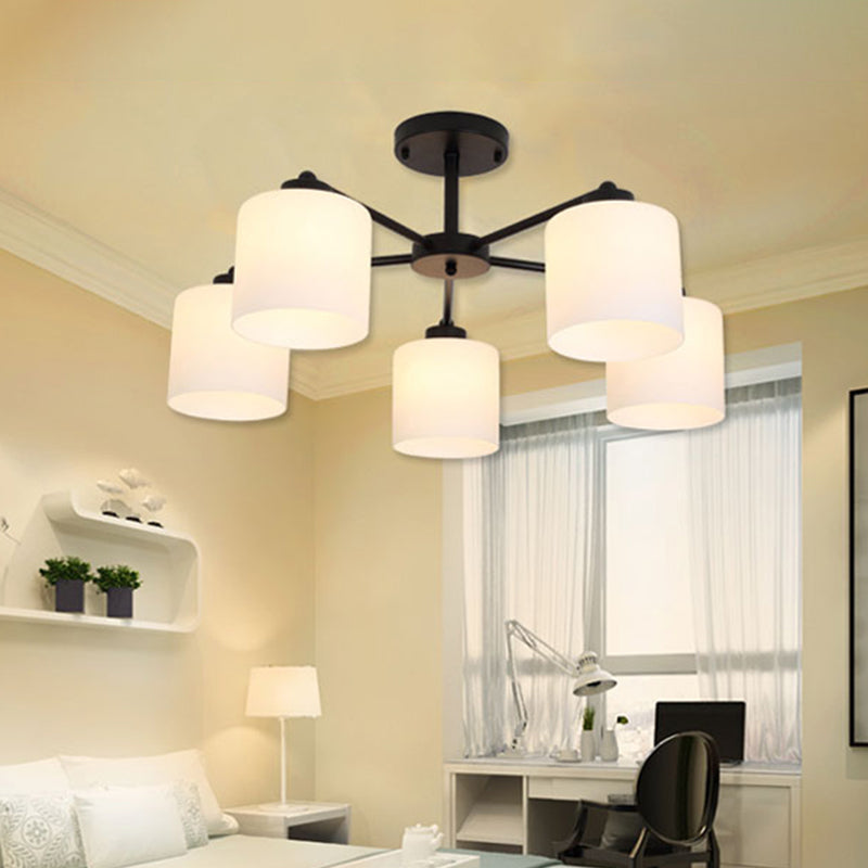 Cylinder Shaped Bedroom Ceiling Lighting Rustic Opal Glass Black Finish Chandelier Light Clearhalo 'Ceiling Lights' 'Chandeliers' Lighting' 2405573