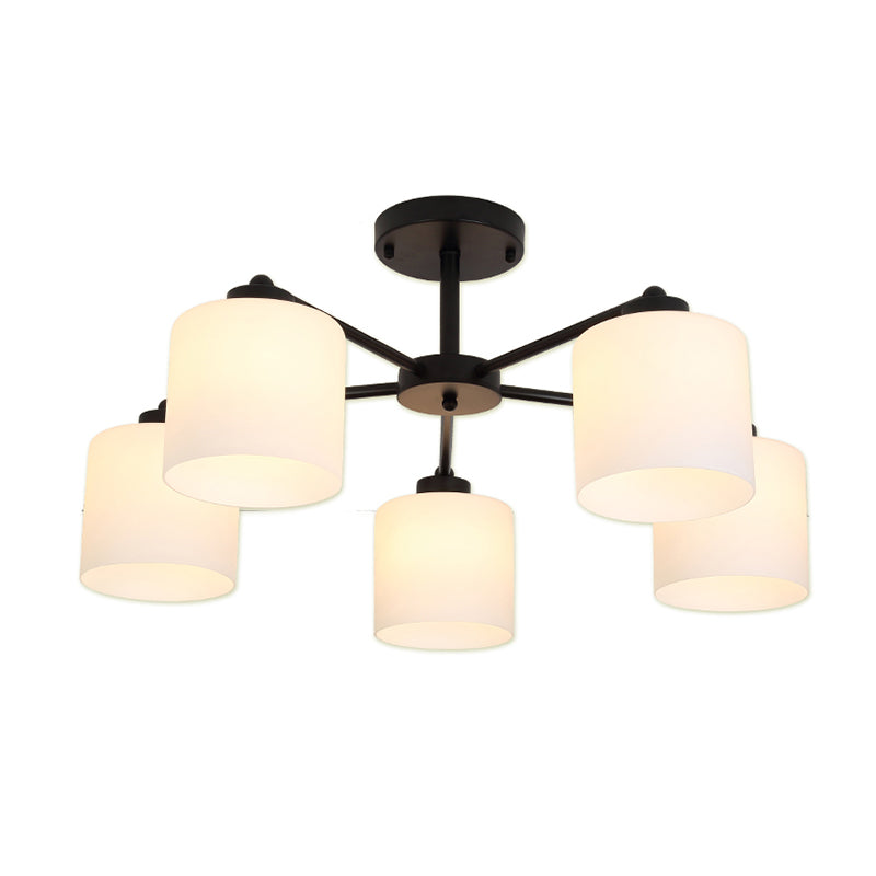 Cylinder Shaped Bedroom Ceiling Lighting Rustic Opal Glass Black Finish Chandelier Light Clearhalo 'Ceiling Lights' 'Chandeliers' Lighting' 2405576