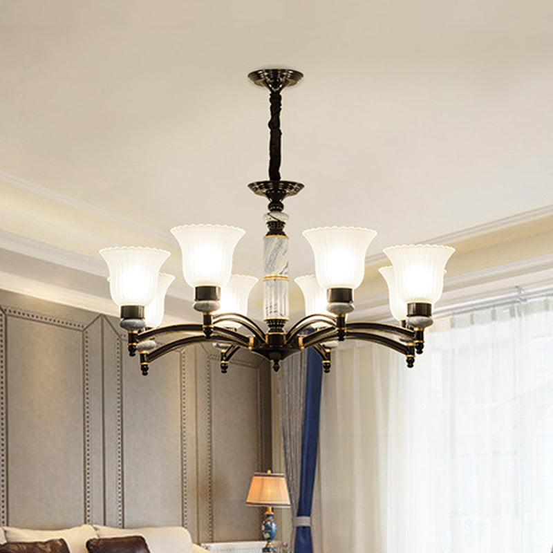 Ribbed Frosted Glass Flared Chandelier Vintage Bedroom Pendant Light with Scalloped Edge in Black Clearhalo 'Ceiling Lights' 'Chandeliers' Lighting' 2405583