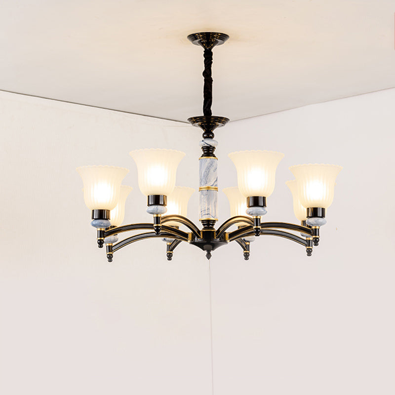 Ribbed Frosted Glass Flared Chandelier Vintage Bedroom Pendant Light with Scalloped Edge in Black 8 Black Clearhalo 'Ceiling Lights' 'Chandeliers' Lighting' 2405586