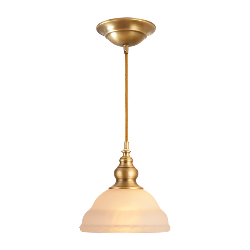 Gold 1-Light Drop Pendant Colonial Style Satin Opal Glass Shaded Hanging Light for Hallway Clearhalo 'Ceiling Lights' 'Chandeliers' 'Glass shade' 'Glass' 'Pendant Lights' 'Pendants' Lighting' 2405598