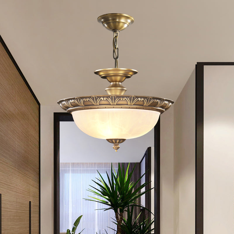 Bronze Bowl Suspension Light Antique Style White Glass Corridor Chandelier Pendant Clearhalo 'Ceiling Lights' 'Chandeliers' Lighting' 2405604