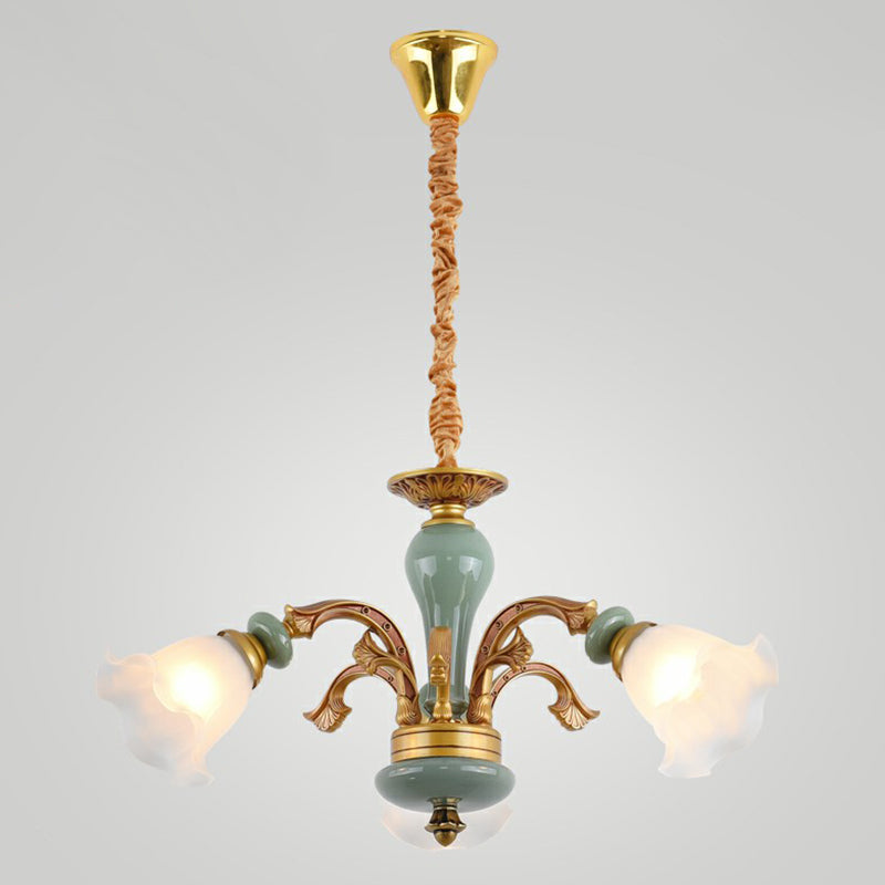 Flower Opal Frosted Glass Chandelier Vintage Living Room Hanging Light in Brown-Blue 3 Brown Clearhalo 'Ceiling Lights' 'Chandeliers' Lighting' 2405740