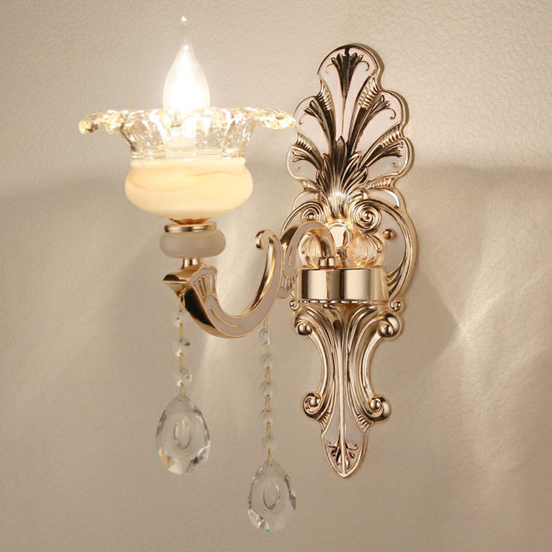 Silver Finish Wall Light Vintage Frosted Glass Blossom Sconce Lighting with Crystal Deco 1.0 Silver Shadeless Clearhalo 'Wall Lamps & Sconces' 'Wall Lights' Lighting' 2405796