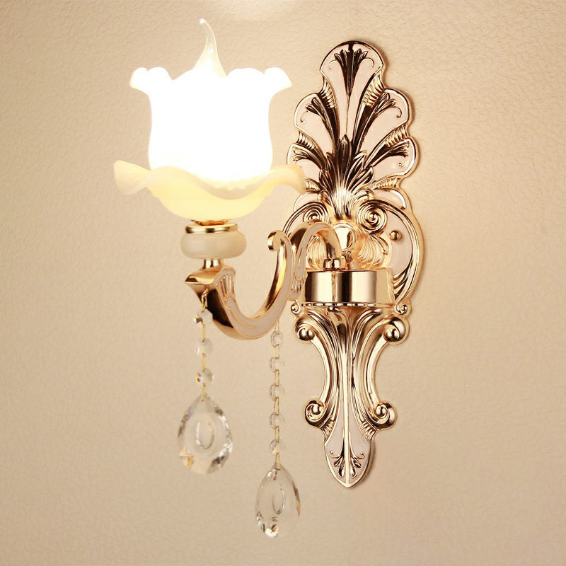 Silver Finish Wall Light Vintage Frosted Glass Blossom Sconce Lighting with Crystal Deco 1.0 Silver with Lace Clearhalo 'Wall Lamps & Sconces' 'Wall Lights' Lighting' 2405800