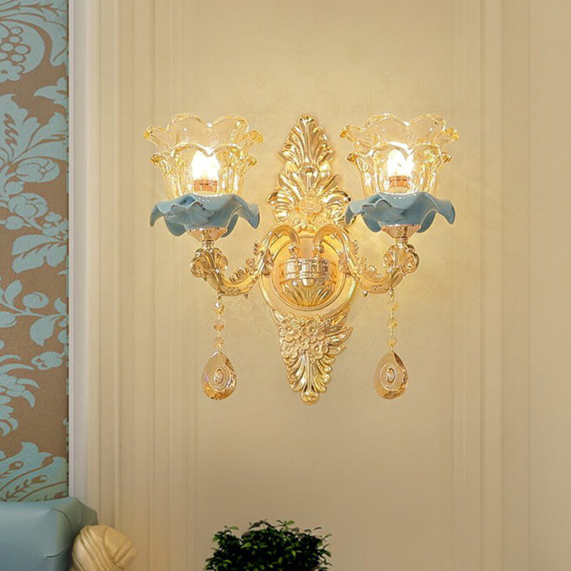 Floral Glass Wall Lighting Fixture Traditional 2-Light Corridor Wall Mount Lamp in Gold Clearhalo 'Wall Lamps & Sconces' 'Wall Lights' Lighting' 2405811