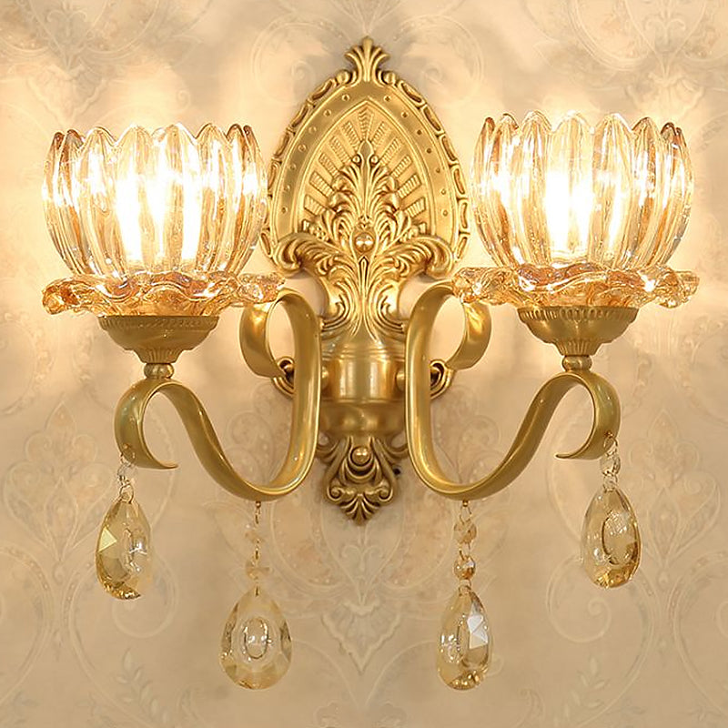 Flower Living Room Wall Sconce Retro Clear Prismatic Glass Brass Wall Light with Decorative Crystal Clearhalo 'Wall Lamps & Sconces' 'Wall Lights' Lighting' 2405816