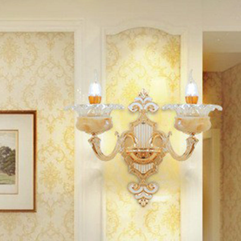 Beige Candle Wall Sconce Light Classic Faux Jade Glass Bedroom Wall Lighting Fixture 2.0 Beige Sun Clearhalo 'Wall Lamps & Sconces' 'Wall Lights' Lighting' 2405871