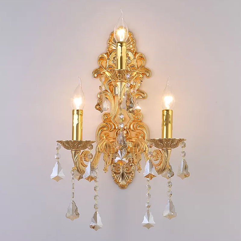 3-Light Candle Wall Sconce Antique Style Metallic Wall Mount Light with Crystal Droplet Clearhalo 'Wall Lamps & Sconces' 'Wall Lights' Lighting' 2405897