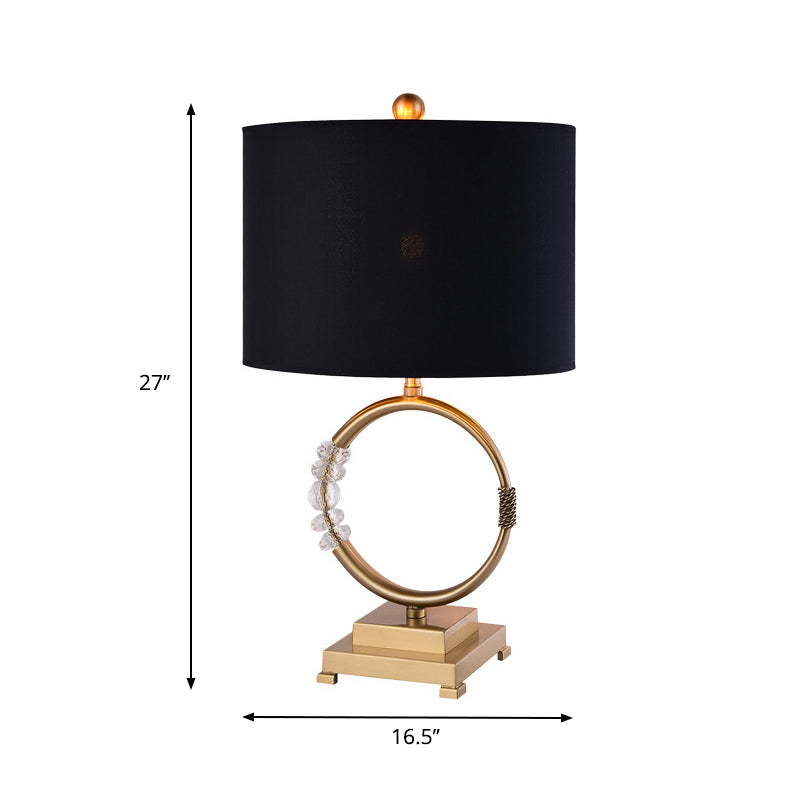 Traditional Circular Task Lighting Metal 1 Bulb Desk Lamp in Brass with Black Drum Fabric Shade Clearhalo 'Lamps' 'Table Lamps' Lighting' 240779