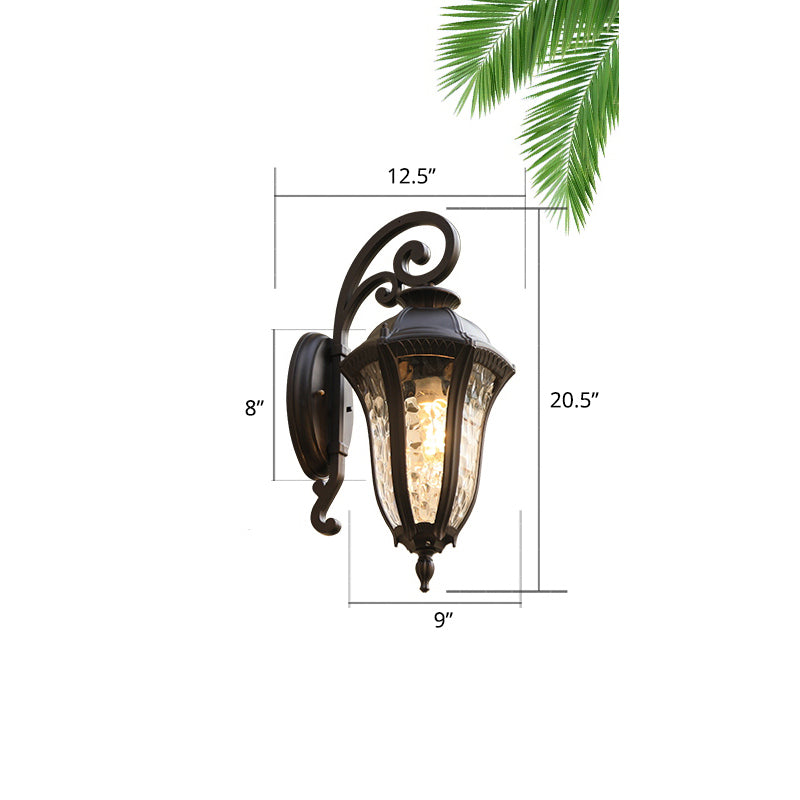 Glass Shaded Lantern Wall Sconce Traditional 1 Head Patio Wall Mount Light Fixture in Black Black Medium Wavy Clearhalo 'Wall Lamps & Sconces' 'Wall Lights' Lighting' 2408383