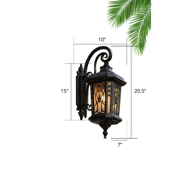 Glass Shaded Lantern Wall Sconce Traditional 1 Head Patio Wall Mount Light Fixture in Black Black Small Flower Shape Clearhalo 'Wall Lamps & Sconces' 'Wall Lights' Lighting' 2408384