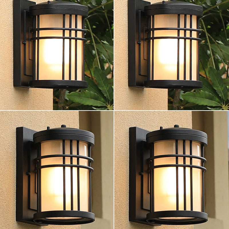 Minimalist Cylindrical Wall Sconce Opal Frosted Glass 1-Bulb Courtyard Wall Lamp in Black Clearhalo 'Wall Lamps & Sconces' 'Wall Lights' Lighting' 2408409