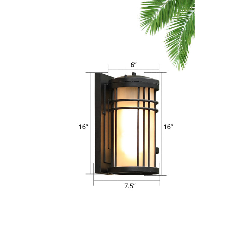 Minimalist Cylindrical Wall Sconce Opal Frosted Glass 1-Bulb Courtyard Wall Lamp in Black Black 16