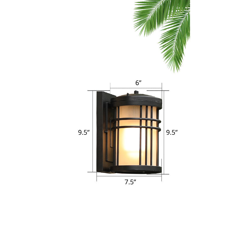 Minimalist Cylindrical Wall Sconce Opal Frosted Glass 1-Bulb Courtyard Wall Lamp in Black Black 9.5