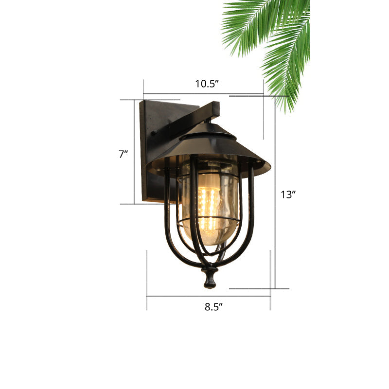 Caged Glass Wall Mounted Lighting Rustic 1 Bulb Outdoor Wall Sconce Light in Black Clearhalo 'Wall Lamps & Sconces' 'Wall Lights' Lighting' 2408429