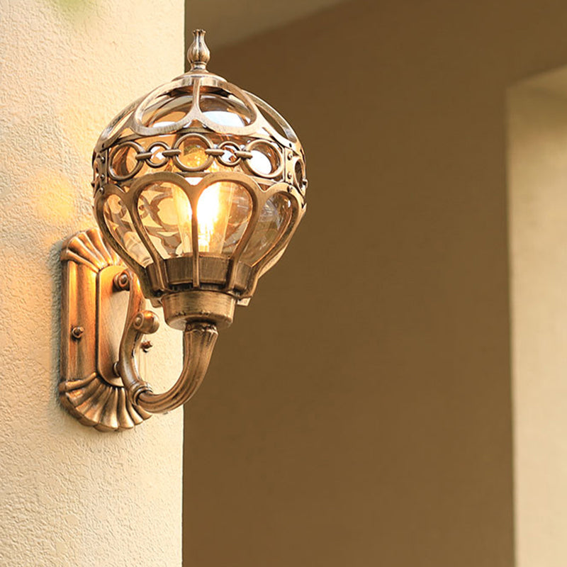 Sphere Outdoor Wall Mount Light Retro Clear Glass 1 Bulb Wall Sconce with Cage Guard Bronze Clearhalo 'Wall Lamps & Sconces' 'Wall Lights' Lighting' 2408450