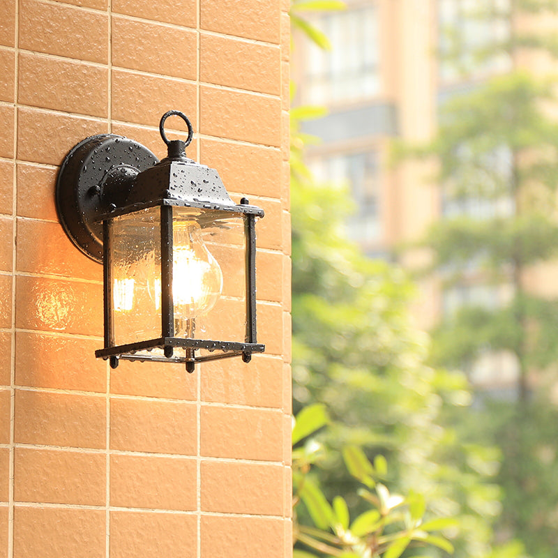 Glass Box Wall Sconce Lamp Simplicity 1 Head Outdoor Wall Mounted Lighting in Black Black 8.5