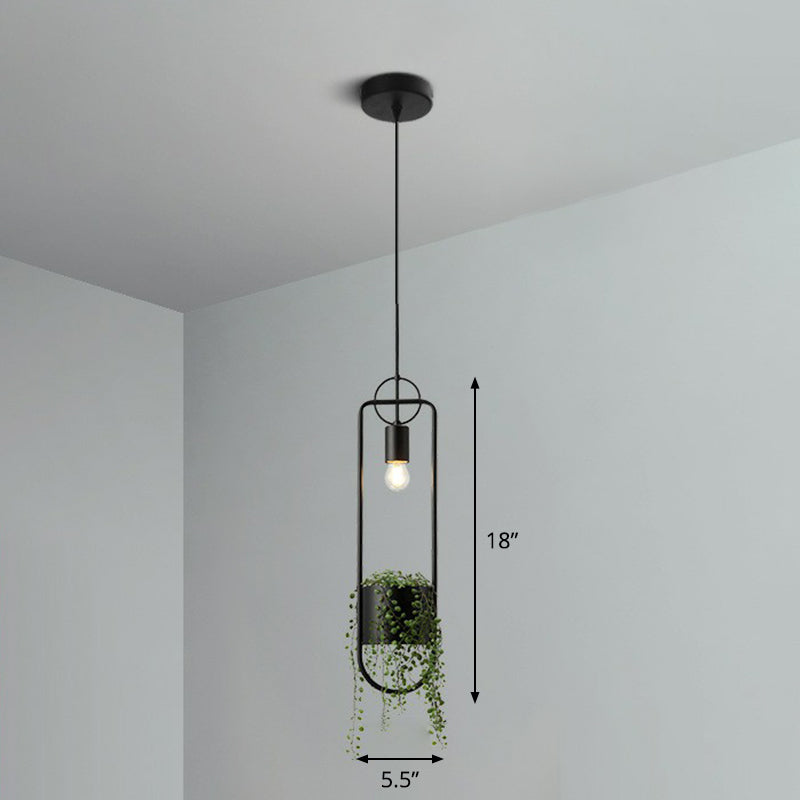 1-Bulb Faux Pot Plant Ceiling Pendant Light Industrial Black Metal Hanging Lamp with Bare Bulb Design Black Circular Arc Clearhalo 'Art Deco Pendants' 'Black' 'Cast Iron' 'Ceiling Lights' 'Ceramic' 'Crystal' 'Industrial Pendants' 'Industrial' 'Metal' 'Middle Century Pendants' 'Pendant Lights' 'Pendants' 'Rustic Pendants' 'Tiffany' Lighting' 2408540